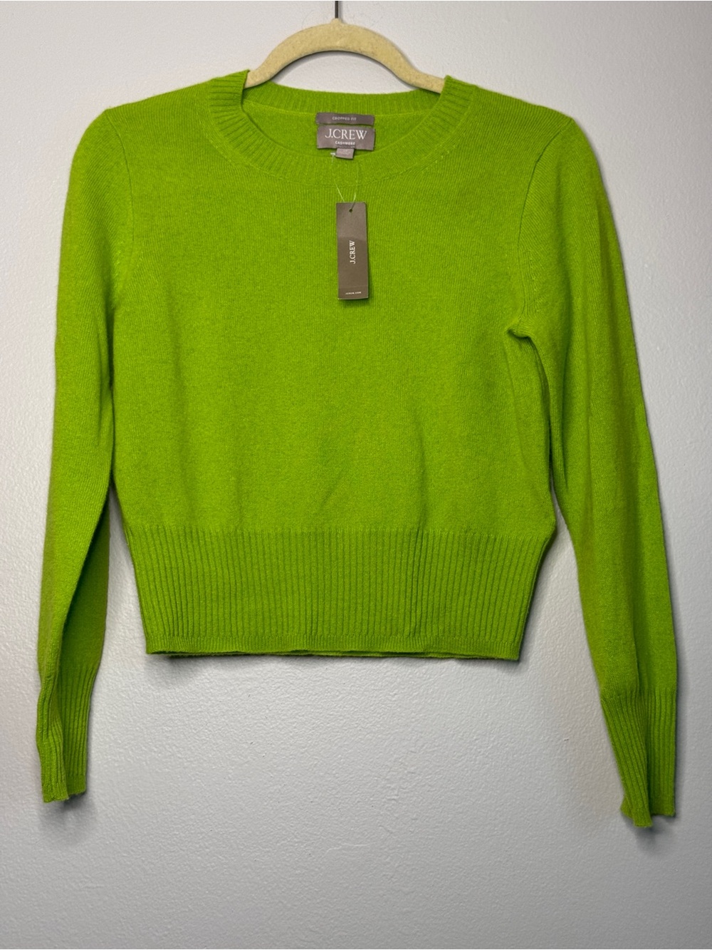 J. Crew Rich Pear Shrunken Cropped Cashmere Green Crewneck Sweater BG654 GR0157